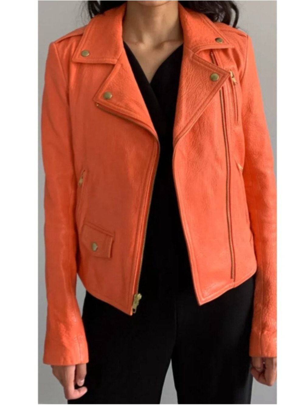 Theory Elenian Juno leather jacket in a vibrant melon orange Size M